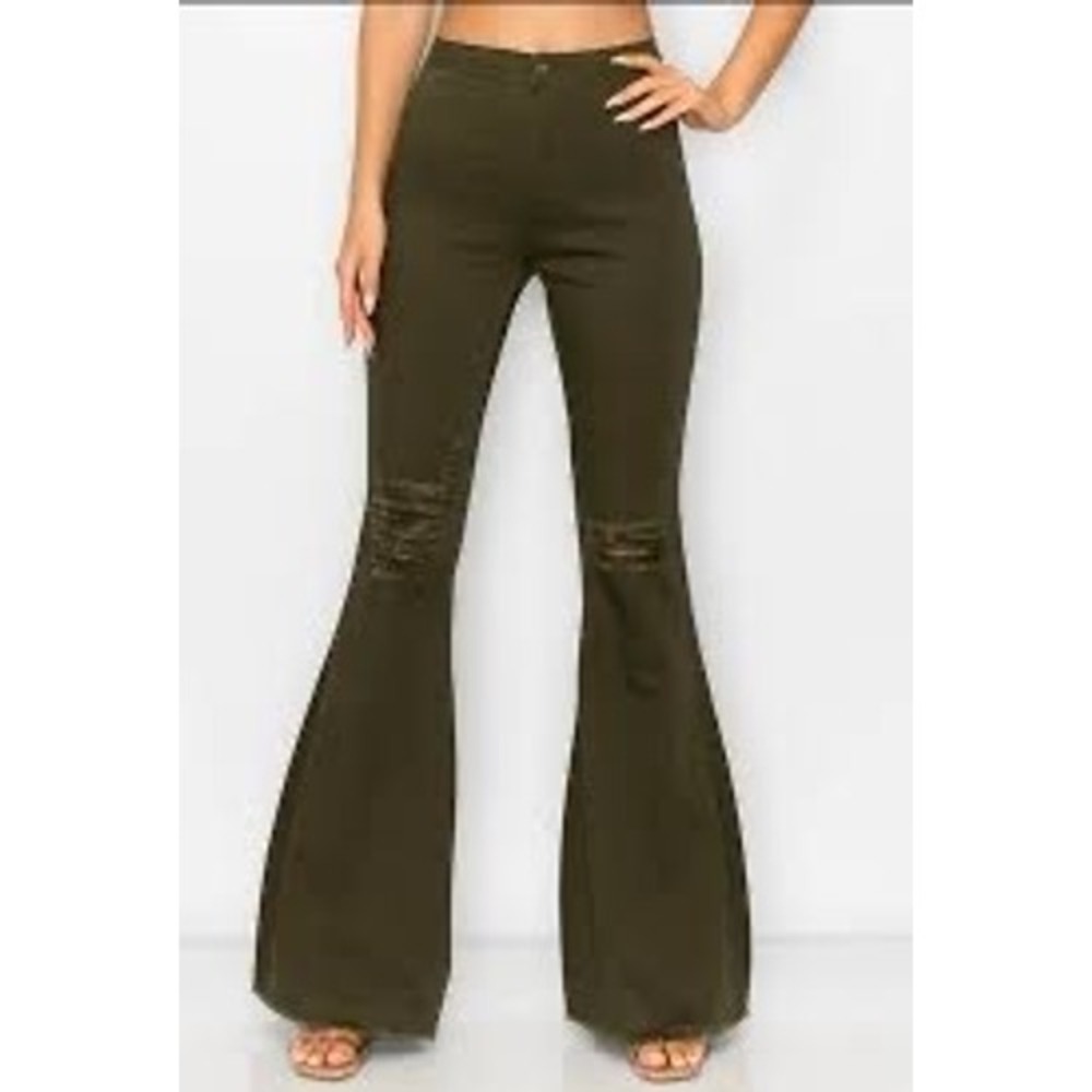 70s Style Olive Green Distressed Boho High Waisted Grunge Flare Bell Bottoms XL